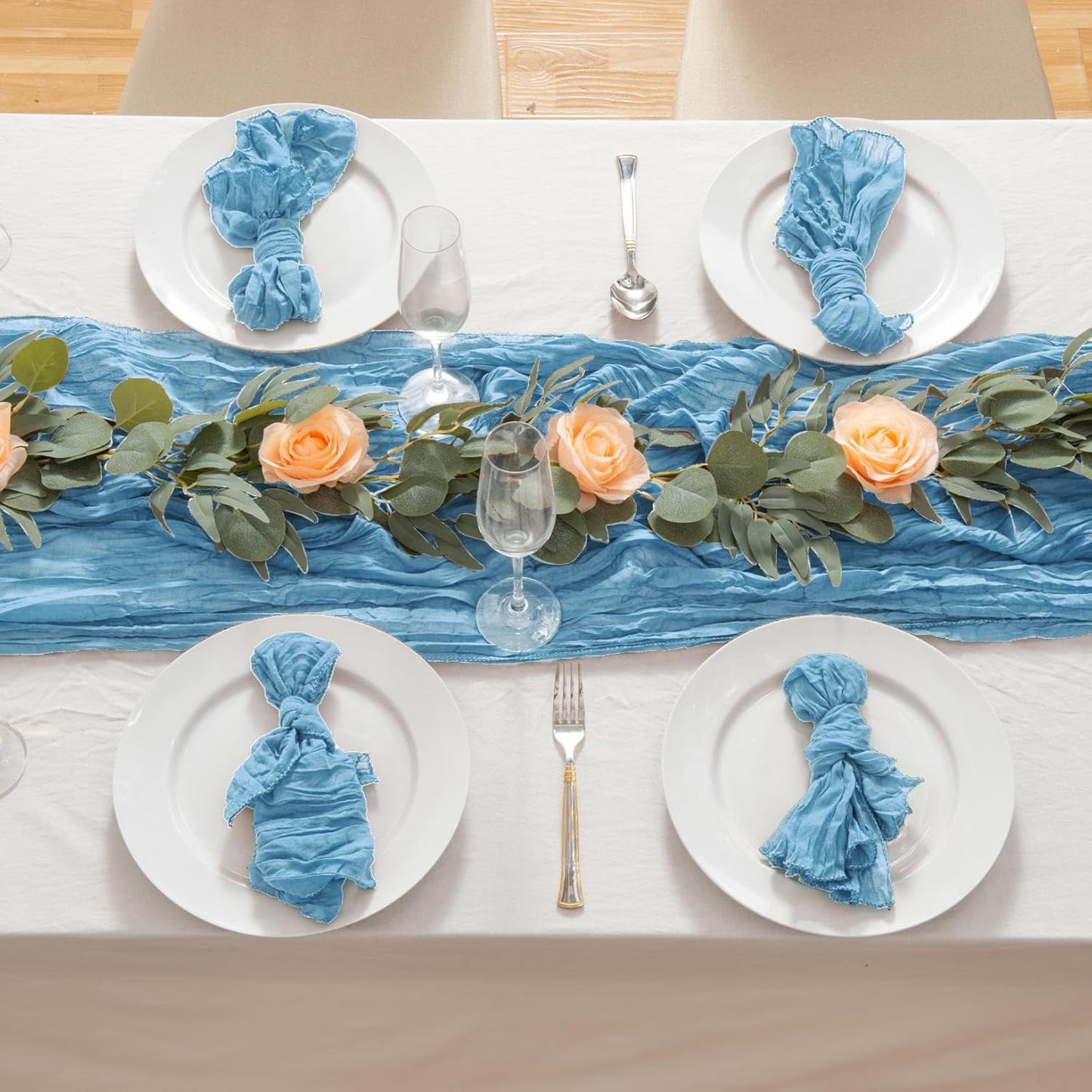 12 Pack Light Blue 10 Ft Cheesecloth Table Runner 20x120 Inch Boho Wrinkled Sheer Romantic Gauze Decor for Wedding, Bridal Shower, Birthday Party