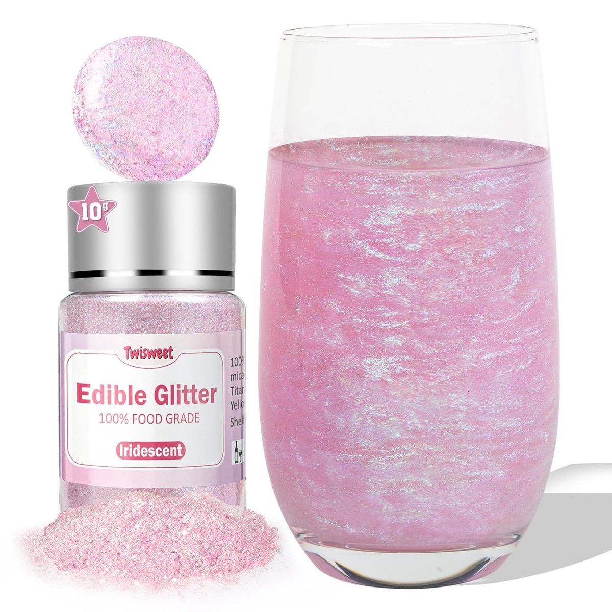 Twisweet Iridescent Edible Glitter for Drinks, Food Grade 10g Sparkling Sprinkles Cake Decorating Supplies, Edible Luster Dust for Cocktail Beverages, Food Coloring Shimmer Powder for Cupcakes Cookies Cake Decorations