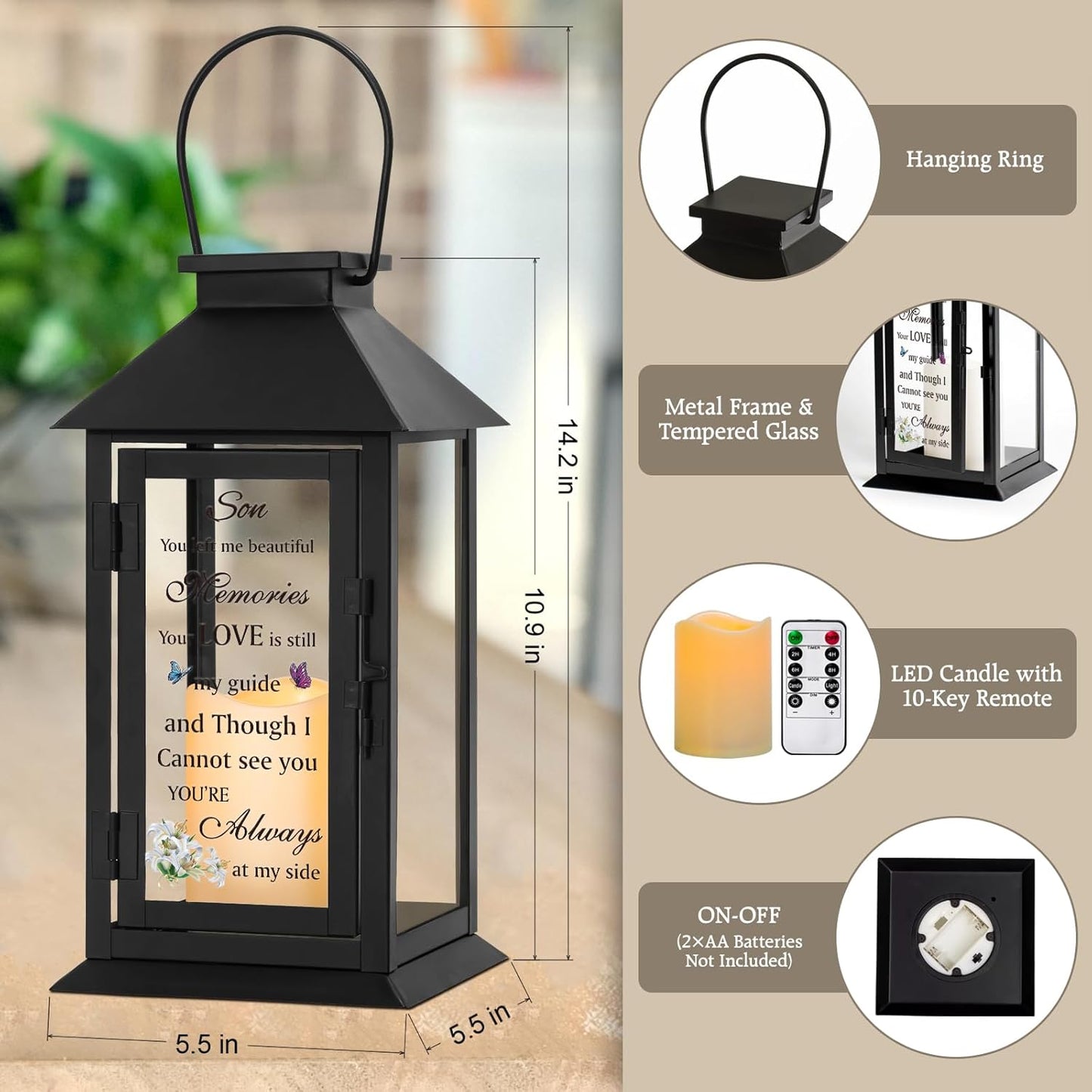 Memorial Gifts Memorial Lantern for Loss of Son in Memory of Son Bereavement Gifts Loss of Son Sympathy Gift for Son Remembrance Gifts Sympathy Lantern with LED Candle