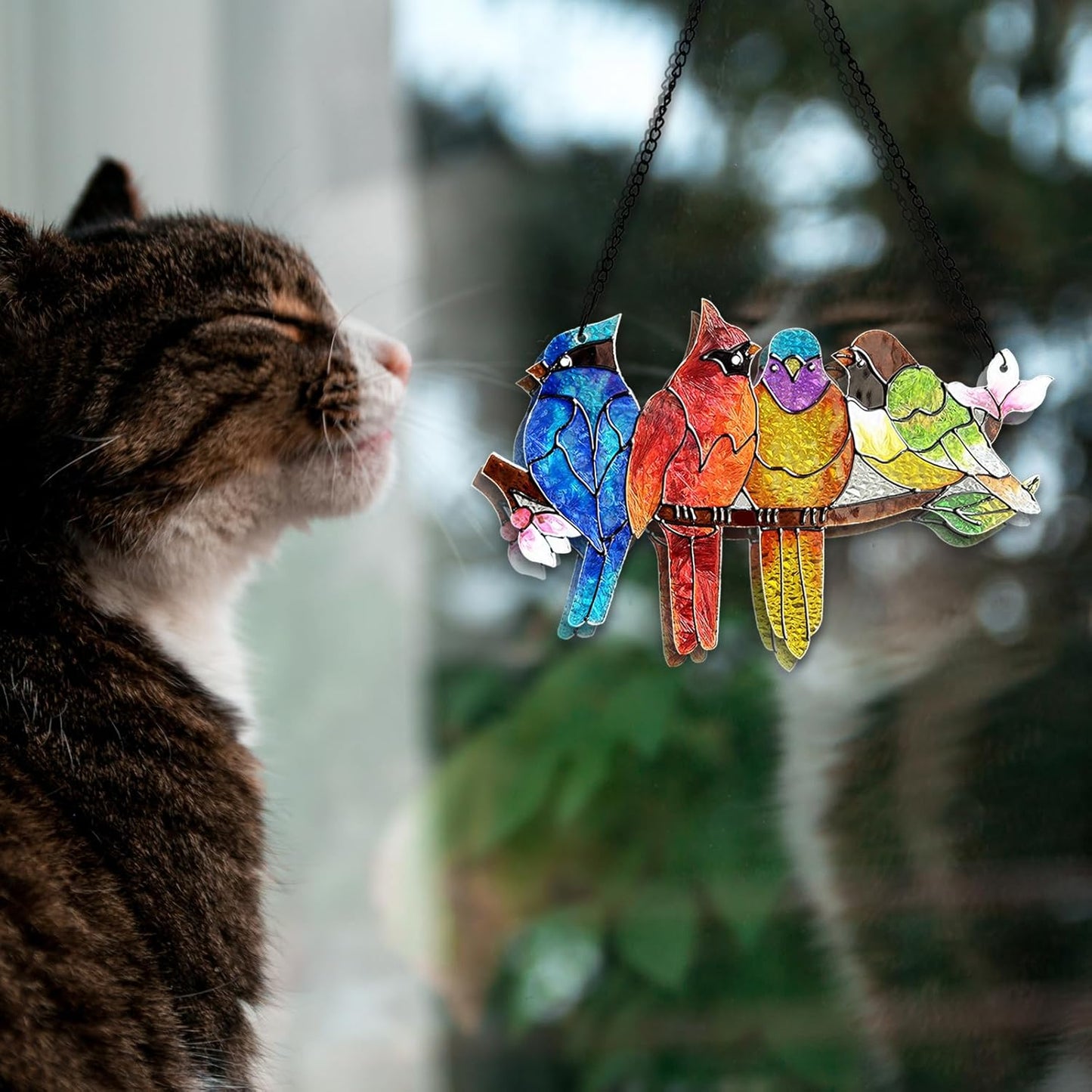 2 Pack Stained Glass Window Hanging - Hummingbird Decorations Suncatcher Hand-Painted Double Sided Birds on A Branch Sun Catcher for Window Home Decor Gifts for Mom,Bird Lovers
