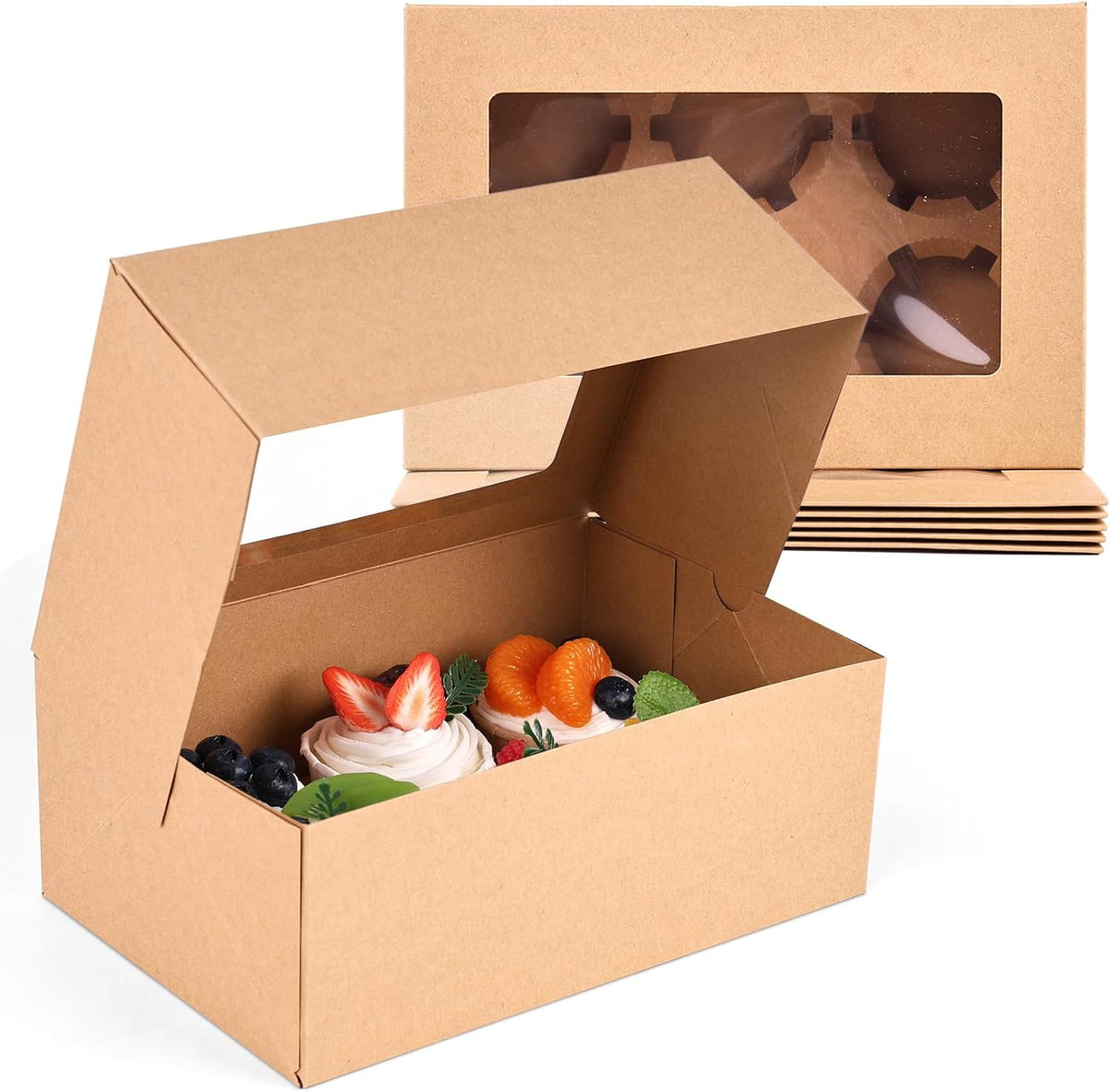 HANSGO 6 PCS Cupcake Boxes, 9.5x6.3x3.5 Inch Cupcake Containers Brown Pastry Boxes with Inserts 6 Holders for Muffins Pastry Strawberry, Party Supplies