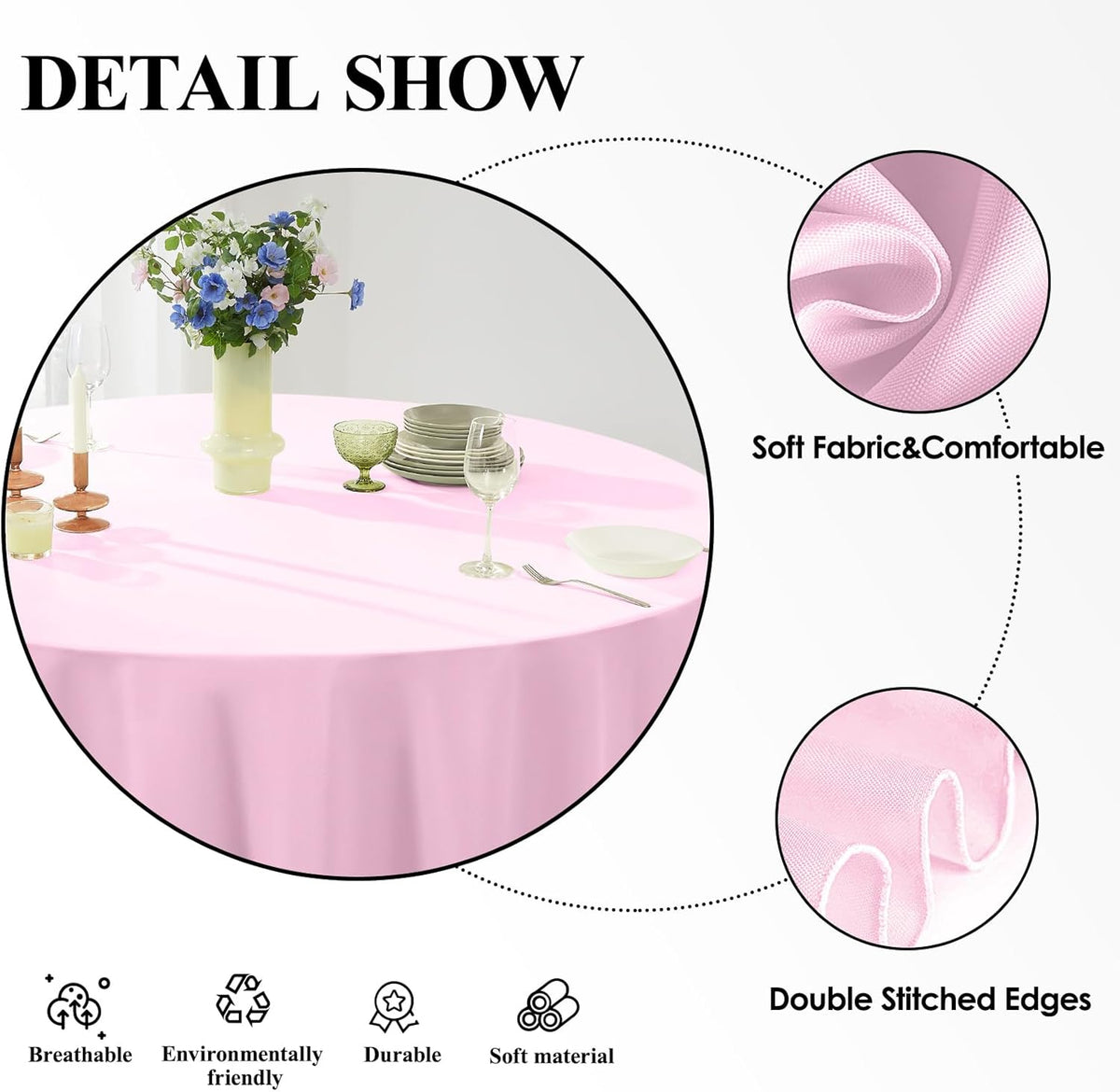 Round Tablecloth 132 Inch 6 Pack Pink Tablecloths Washable Decorative Linen Polyester Table Clothes Cover for Dining Table Banquets Buffet Parties and Wedding