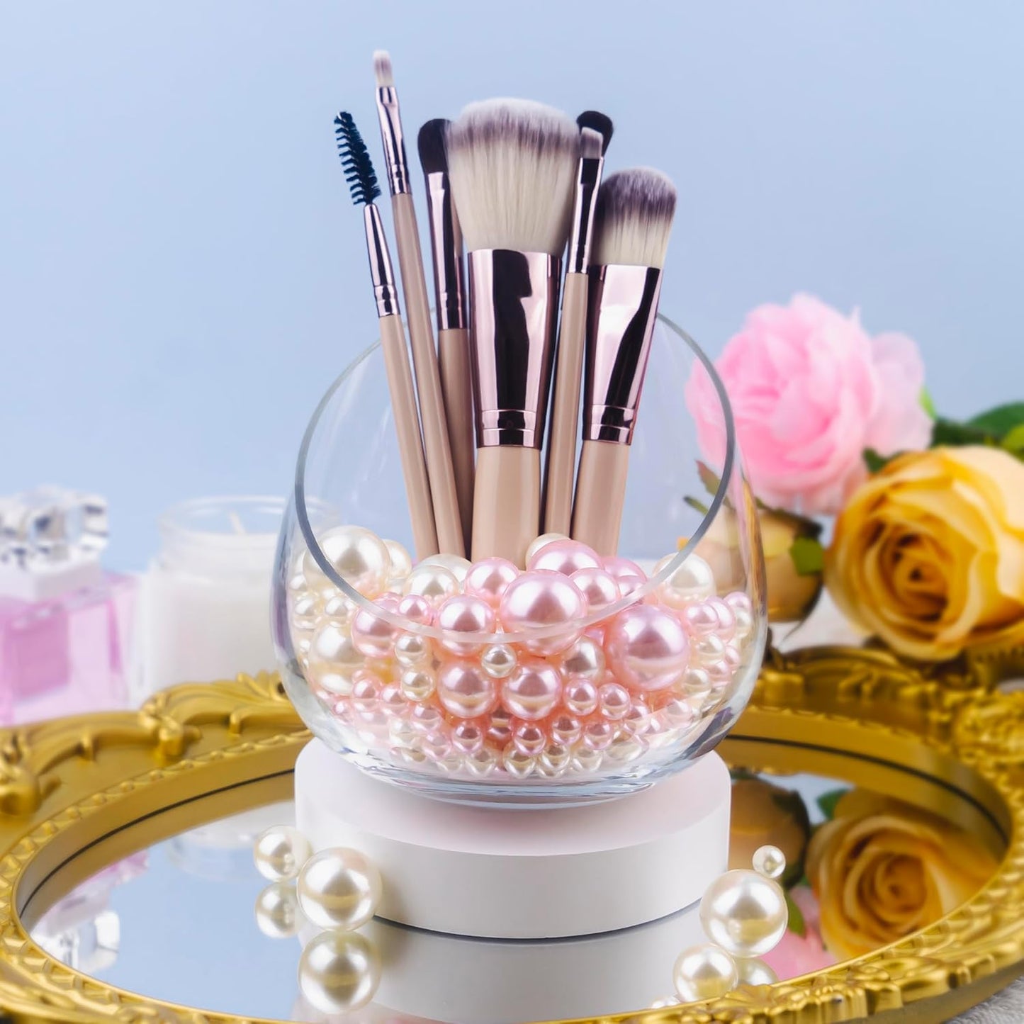 150Pcs Cream&Pink Polished No Hole Faux Pearl Beads for Vase Filling Decorations, Plastic Pearls Vase Fillers, Table Scatters, Wedding Centerpiece, Home Decor, 8/14/20 mm
