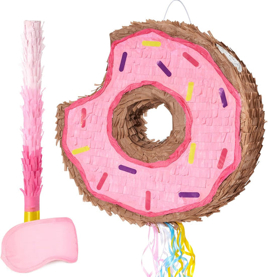 WERNNSAI Donut Piñata - Pink Donut Pinata with String Birthday Partyn Decorations Piñata with Stick Blindfold for Girls Kids Dount Pull String Pinata Family Games Birthday Party Supplies