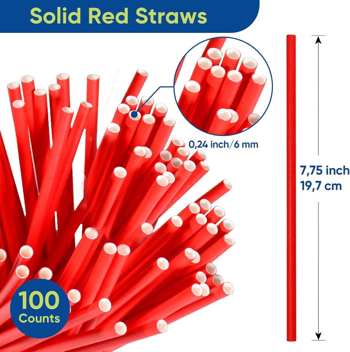 Disposable 7.75 inch Solid Red Paper Straws 100 Counts for Drinking, Decoration, Cake Pops, DIY Arts & Crafts - Eco-friendly