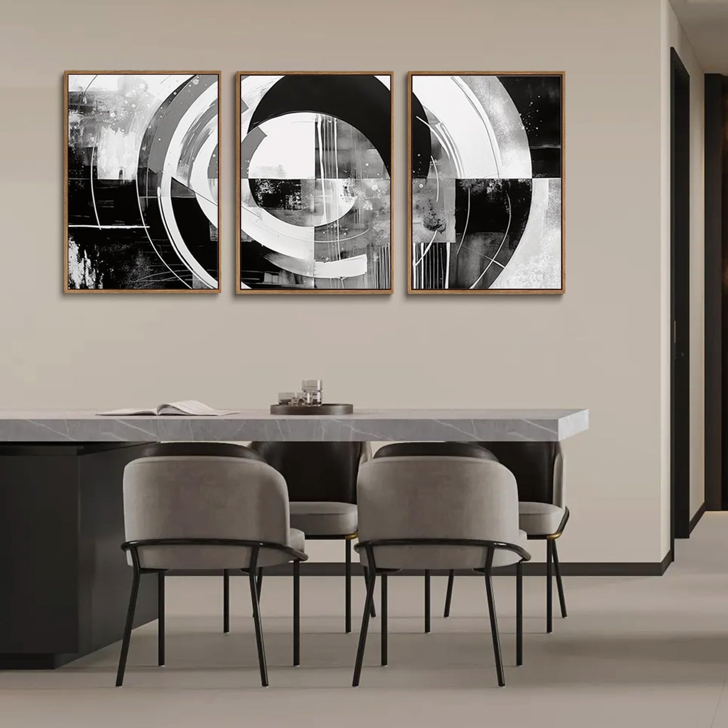 myusuar 3 Piece Large Modern Abstract Canvas Framed Wall Art For Living Room, Black And White Rings Minimalist Wall Art Decor Posters Prints For Bedroom Office, 12x16in