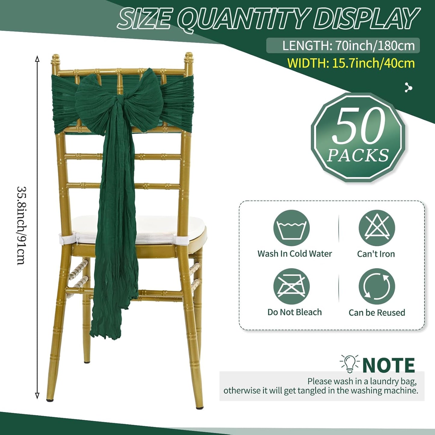 50 PCS Cheesecloth Chair Sashes Bows Wedding Aisle Decorations Chair Ribbon Ties Back Sash for Wedding Party Events Banquet Chair Cover Decoration (Emerald Green)