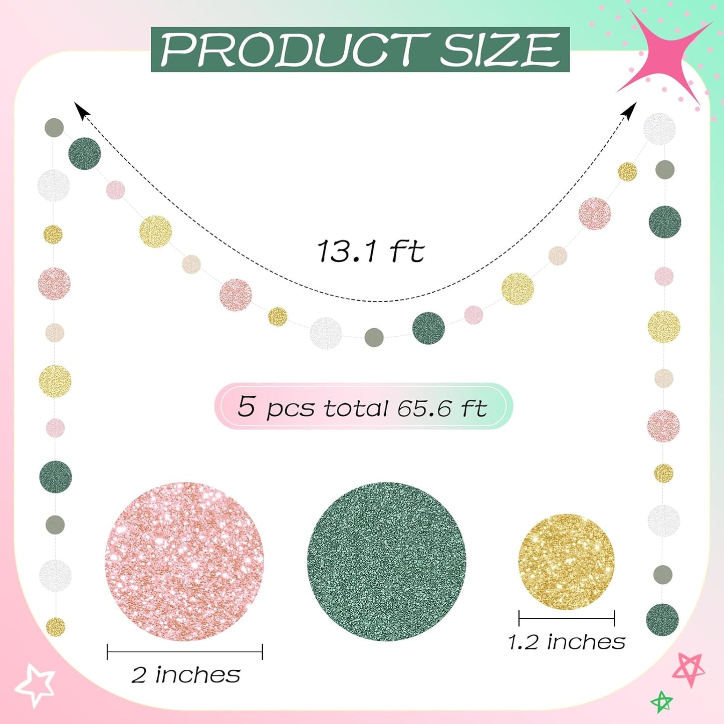 Outus 5 Pieces Colorful Dots Paper Garland Round Glitter Garland Hanging Confetti Streamers Backdrop for Candy Birthday Classroom Halloween Trunk or Treat Car Decoration (Sage Green,Pink,Gold)