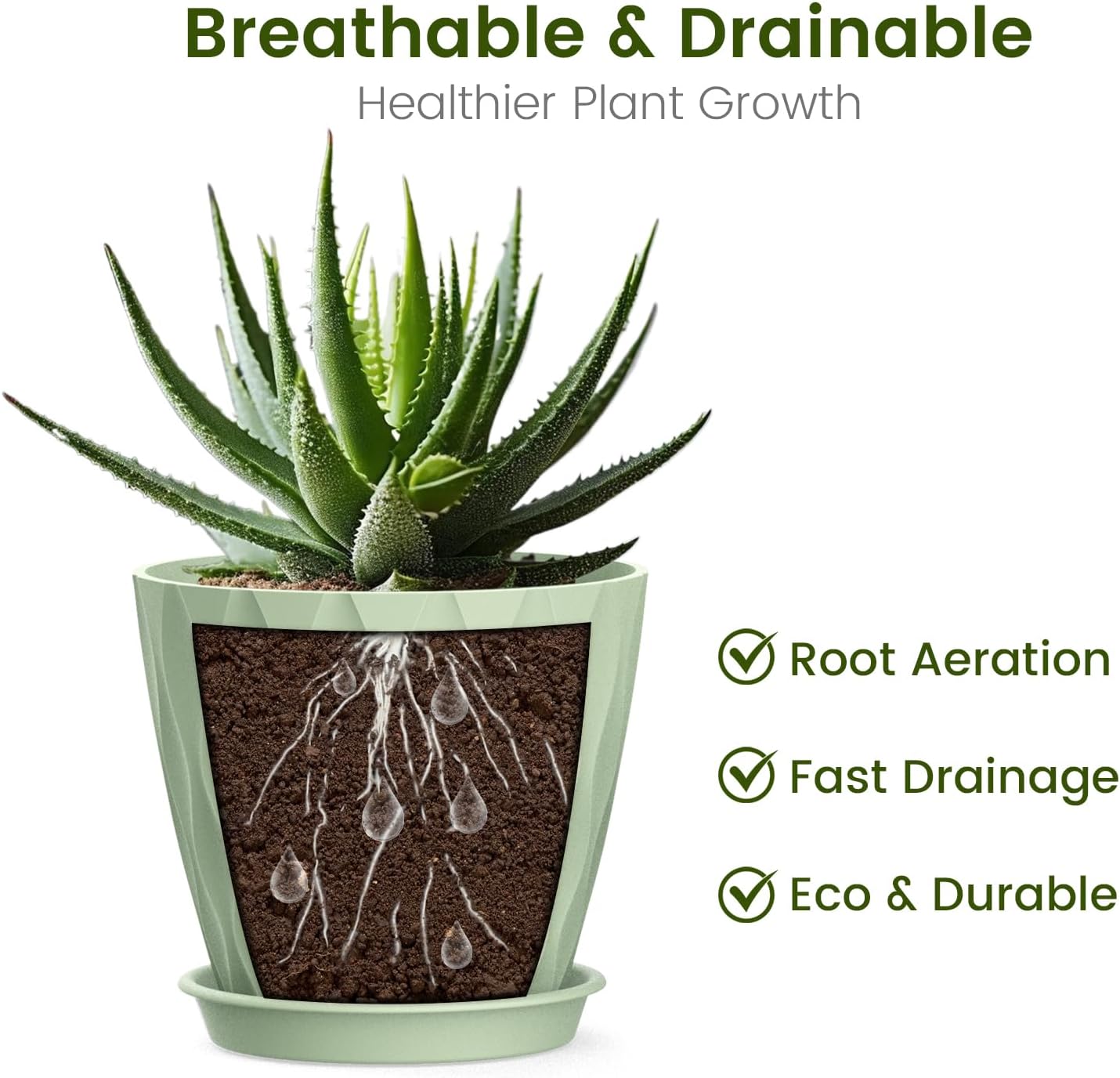 12 Pack 4 Inch Small Plant Pots with Saucers, Waffle Texture Plastic Planters with Drainage Holes for Indoor and Outdoor Plants, Flowers, Herbs, Succulents, and Seedlings, Green
