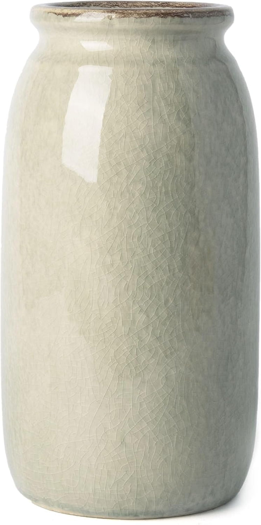 VICTOR & TERESA Rustic Green Vase for Home Decor, Ceramic Vases for Flowers, Modern Farmhouse Decorative Vases for Pampas Grass,Table Accent, Mantel, Living Room,Bookshelf, Centerpieces, 8''