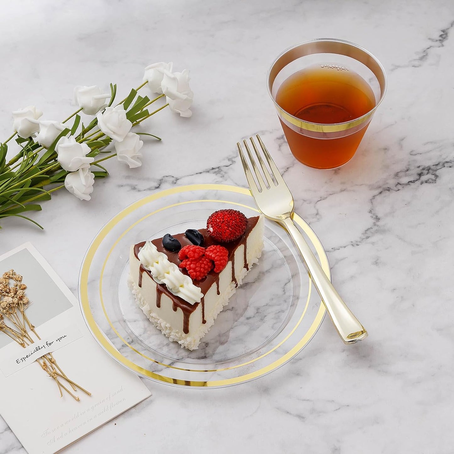 600PCS Clear Gold Plastic Plate Set (100 Guests), Plastic Plates for Party Wedding Birthday, Disposable Dinnerware Set of 200 Plates, 200 Forks, 100 Spoons, 100 Knives for Christmas