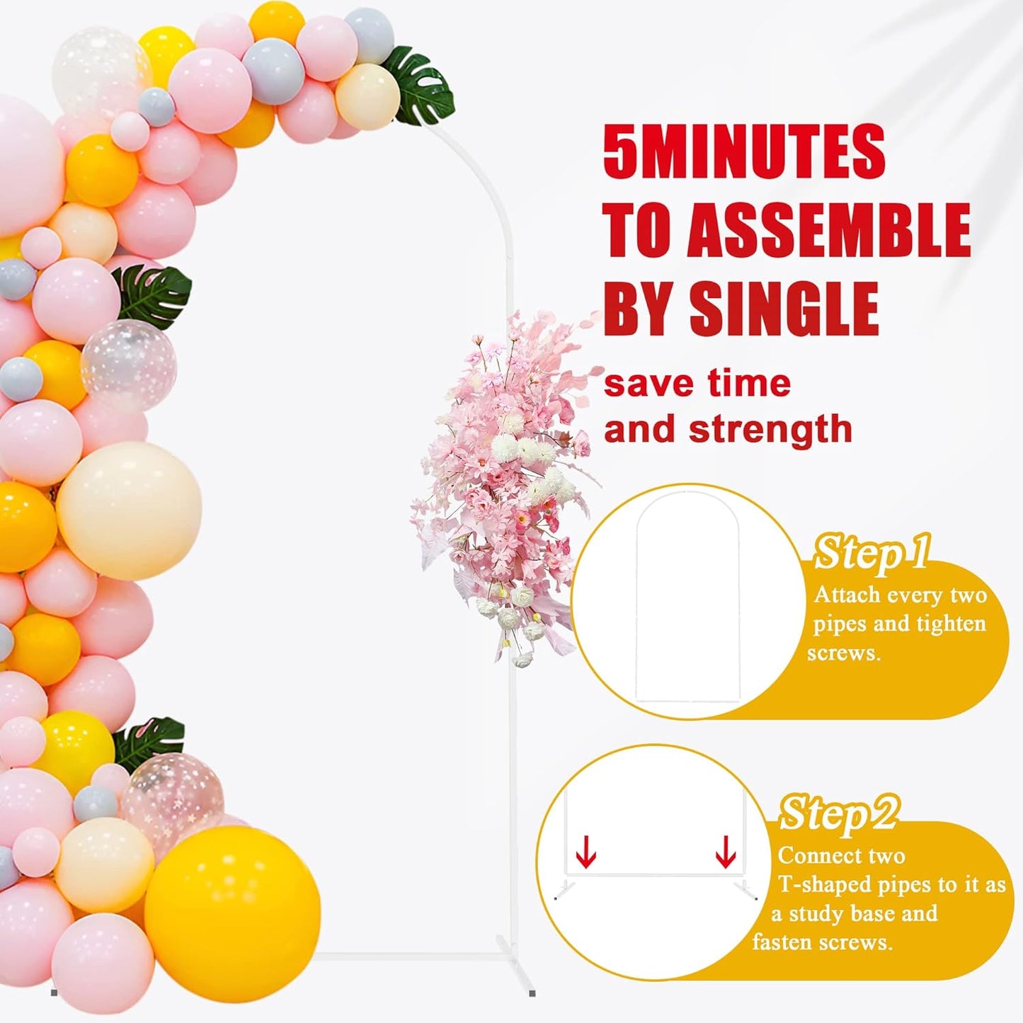 Putros 6FTx2.6FT White Metal Wedding Arch Balloon Backdrop Stand Arched Frame for Ceremony Birthday Party Anniversary Bridal Graduation Decoration