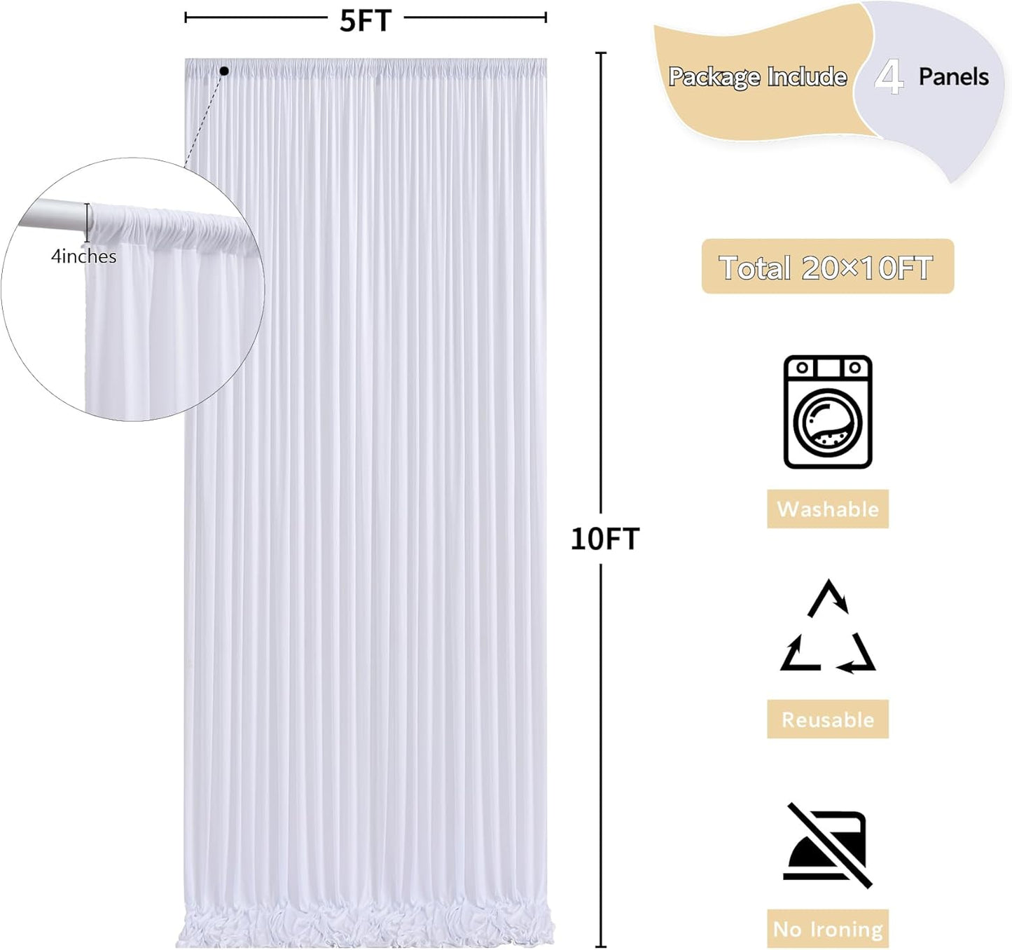 20 ft x 10 ft Wrinkle Free White Backdrop Curtain for Wedding Parties, Polyester Photo Backdrop Drapes for Baby Shower Birthday Party Backdrop Stand, Bulk Thick Background Curtains 5x10FT 4 Panels