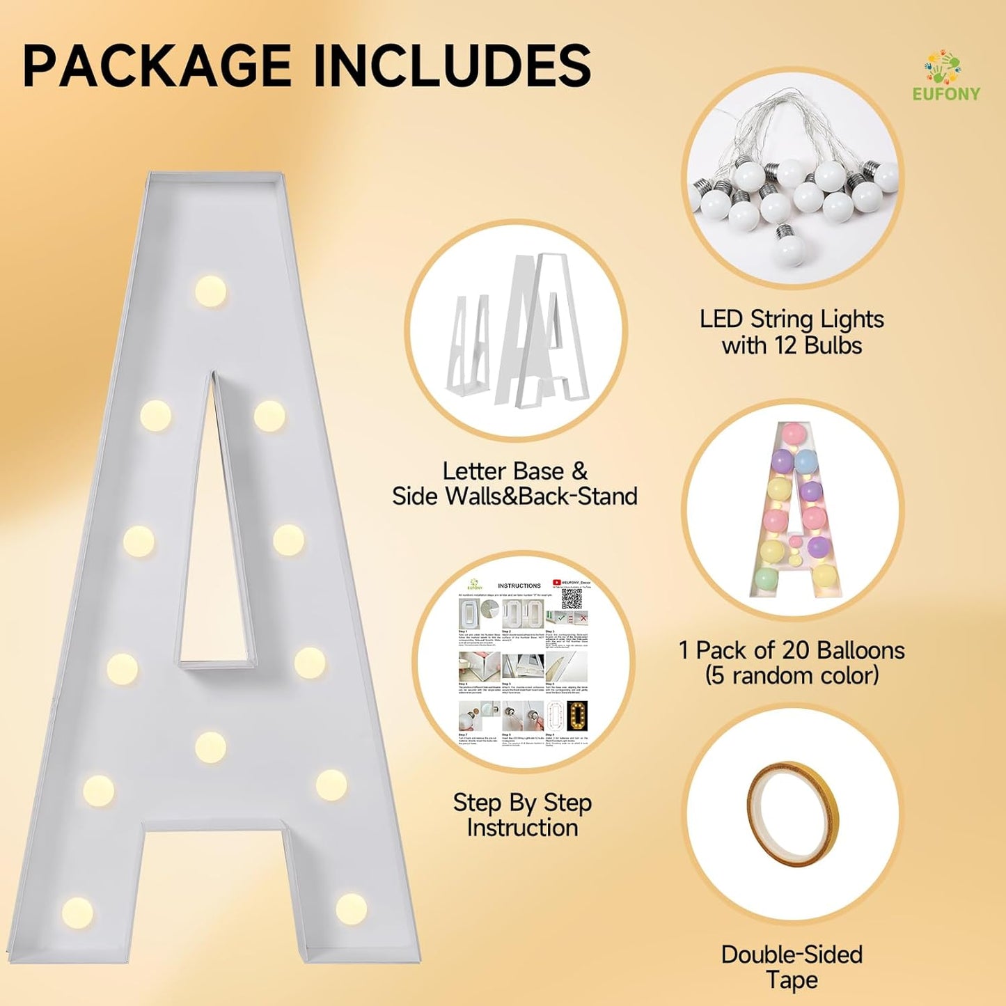 eufony Marquee Letters 4 Feet Tall, 4 FT Marquee Light Up Letters, Giant Light Up Letters 4FT for Birthday Party Baby Shower Gender Reveal Graduation Decorations, Letter E with LED Lights DIY Kit