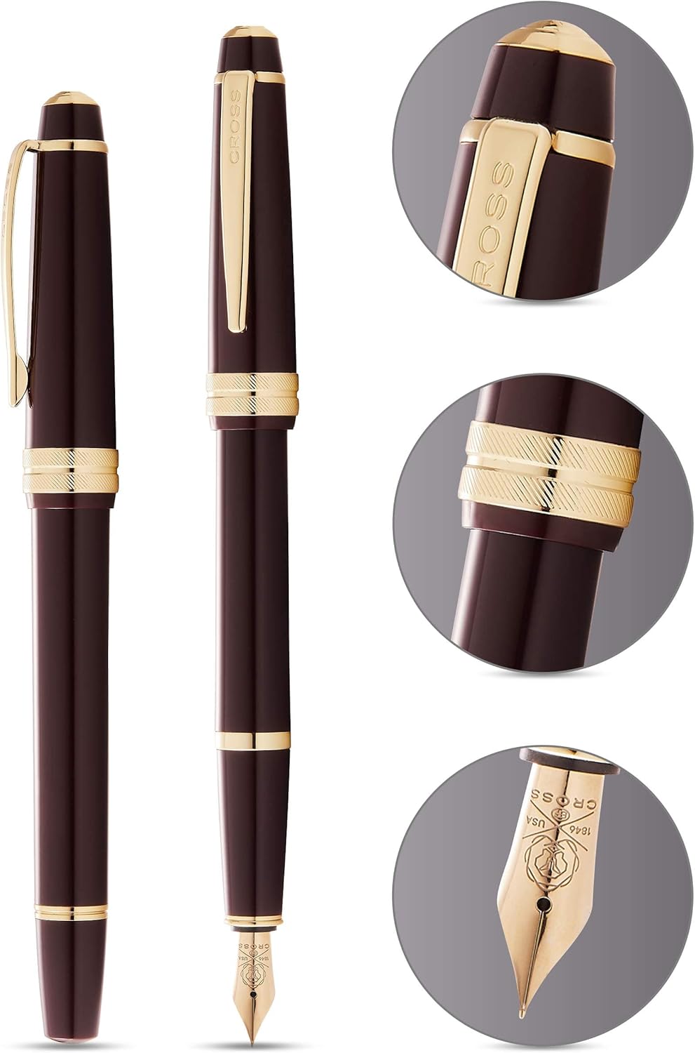Cross Bailey Light Refillable Fountain Presented in a Everyday Gift Box - Medium Point, Black Ink, Polished Burgundy