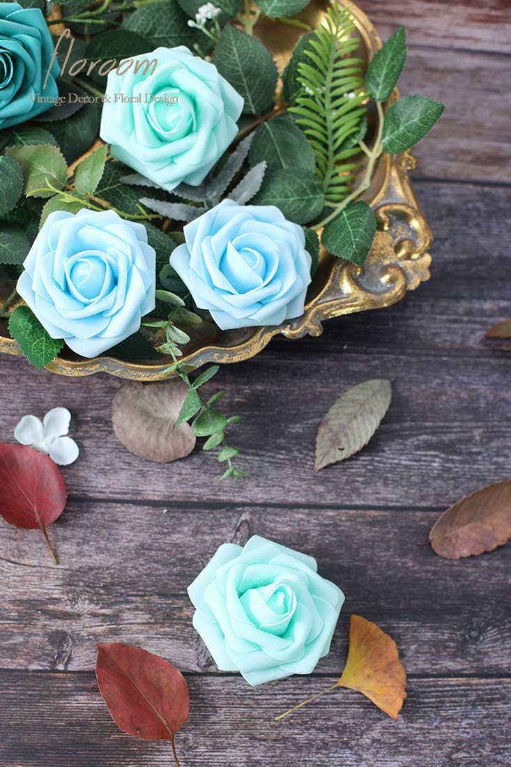 Floroom Artificial Flowers 25pcs Real Looking Aqua Blue Foam Fake Roses with Stems for DIY Wedding Bouquets Baby Shower Centerpieces Floral Arrangements Party Tables Home Decorations