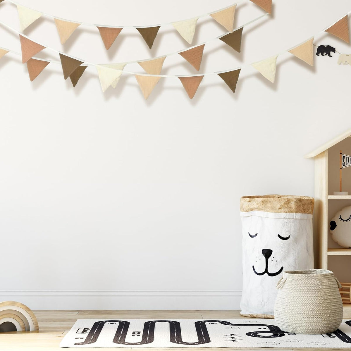 Oudain 15.5 ft Pennant Banner Flags, 2 Pcs Nursery Garland Triangle Bunting Flag Baby Banner for Nursery Decor Baby Birthday Boho Wedding Shower Party Event, Each 7.75 ft(Khaki Colors)