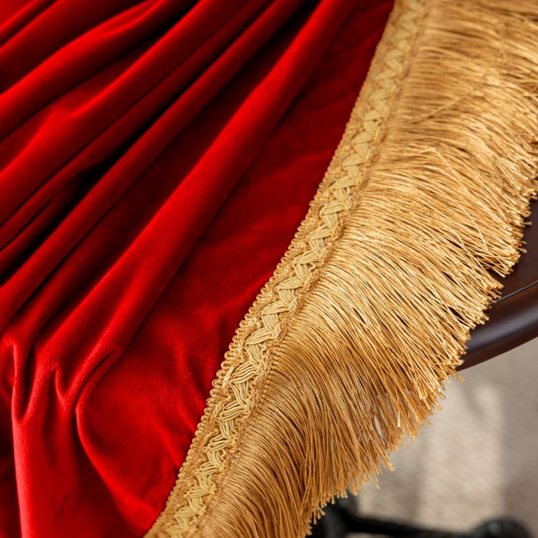 F-CHU Red Tablecloth Thickset Velvet Tablecloth with Beautiful Gold Tassels Vintage Table Cloth for Home Decor Wedding, Party, Banquet and Events 67x120-Inch