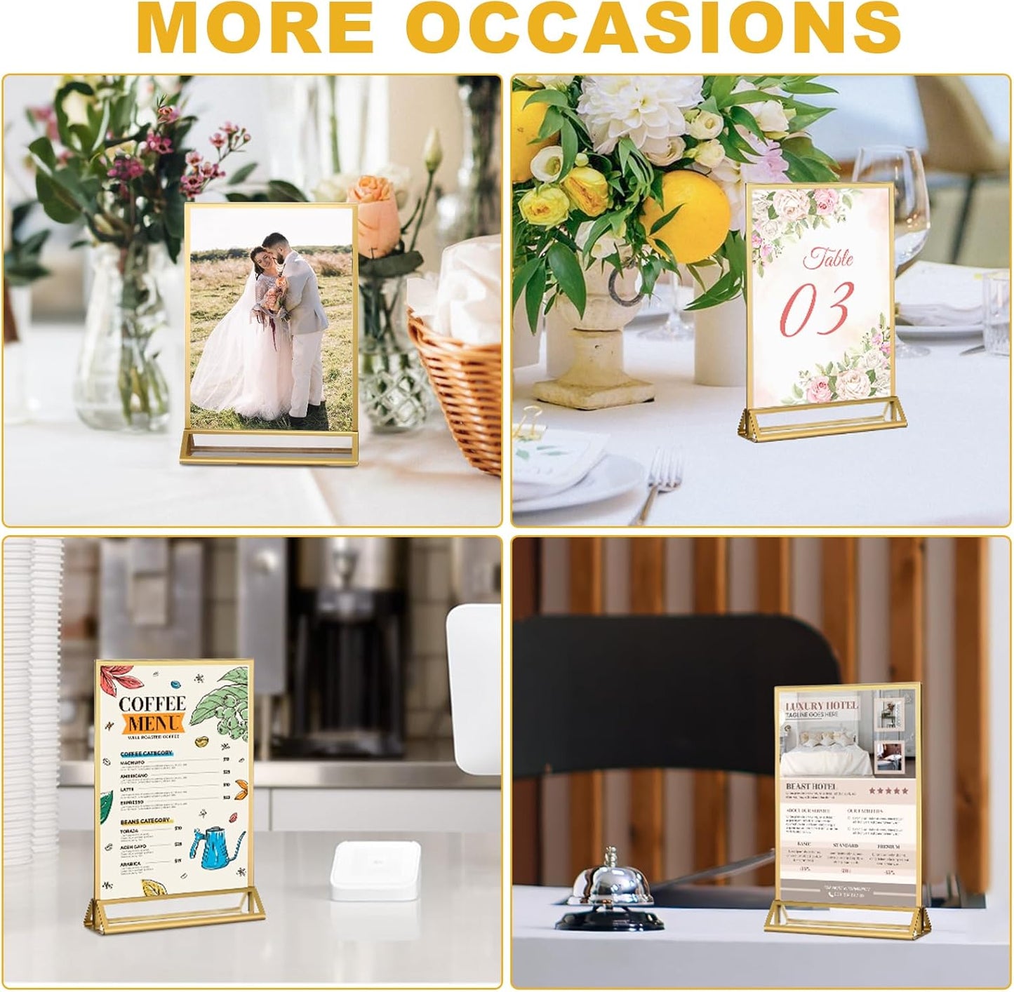 EHWINE 12 Pack Acrylic Sign Holder 4 x 6, Double Sided Gold Picture Frame Stand up Table Top Sign Holders, Clear Display Stand Menu Flyer Holder for Wedding Party