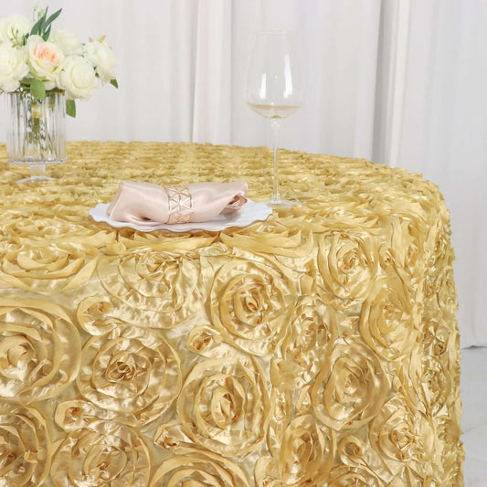 Efavormart 120" Wholesale Round Table Cover Champagne Grandiose Rosette 3D Satin Tablecloth for Wedding Party Event Decoration