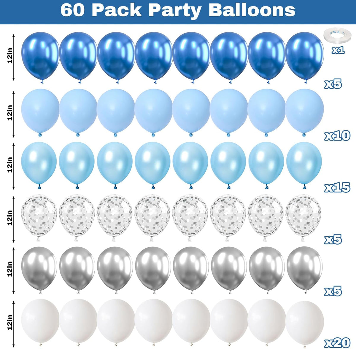 Blue and White Balloons, 60 Pcs 12 Inch Pastel Baby Blue Silver Latex Balloon with Metallic Confetti Balloons Graduation Balloon for Boys Birthday Baby Shower Christening Grad Party Decorations