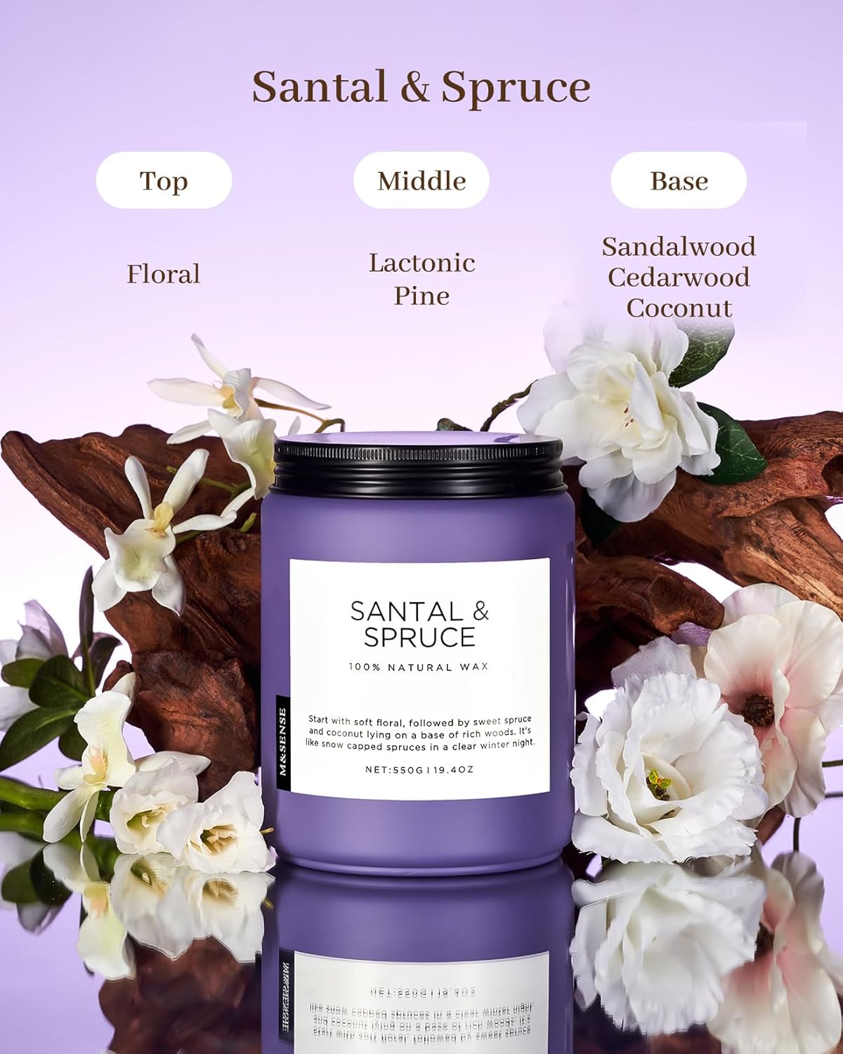 M&SENSE Santal Spruce Coconut Soy Candles for Home Scented, 19.4oz 110 Hour Slow Burning Large Candle Gift for Stress Relief, Meditation, Relaxing SPA, Best Smelling Christmas Gifts
