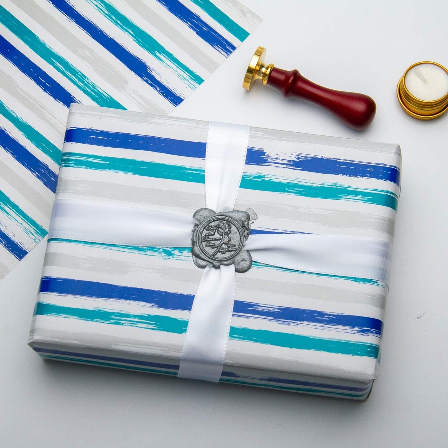 WRAPAHOLIC 30 Inch Reversible Wrapping Paper Roll - 30 Inch X 100 Feet Jumbo Roll Blue Navy and Grey Lines Print for Birthday, Holiday, Wedding, Baby Shower and More Occasions