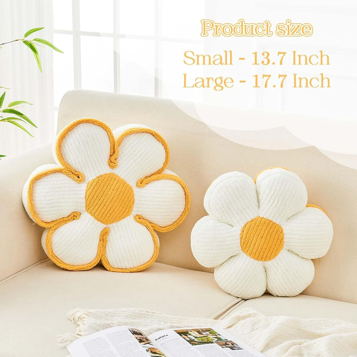 Flower Pillow, Soft Flower Decorative Throw Pillow, Cute Daisy Flower Shaped Seating Floor Cushion Room Décor Plush Pillows for Sofa Couch Bed (13.7 Inch, Yellow)
