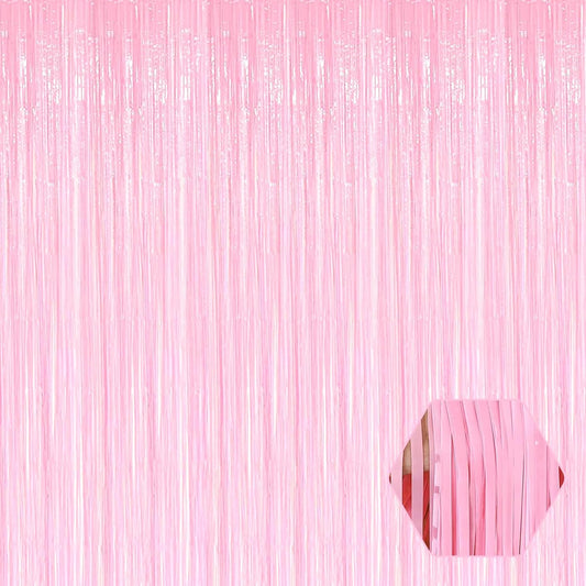 3 Pack Macaron Pink Foil Fringe Curtain Backdrop, 3.28Ft x 8.2Ft Metallic Tinsel Foil Fringe Streamer Curtains for Photo Booth, Christmas Day, Thanksgiving, Wedding, New Year Party Decorations