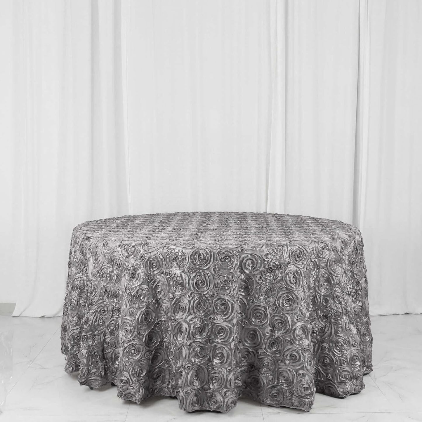 Efavormart 120" Wholesale Round Table Cover Silver Grandiose Rosette 3D Satin Tablecloth for Wedding Party Event Decoration
