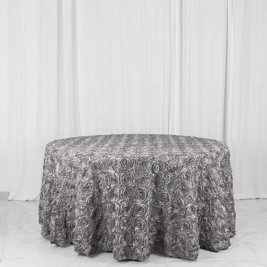 Efavormart 120" Wholesale Round Table Cover Silver Grandiose Rosette 3D Satin Tablecloth for Wedding Party Event Decoration