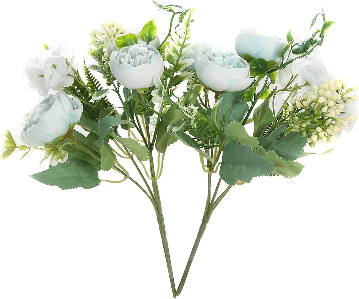 Artificial Flowers Fake Peony Silk Mini Plastic Bridal Flowers for DIY Wedding Bouquets Home Decorations 2 Packs(Light Blue)