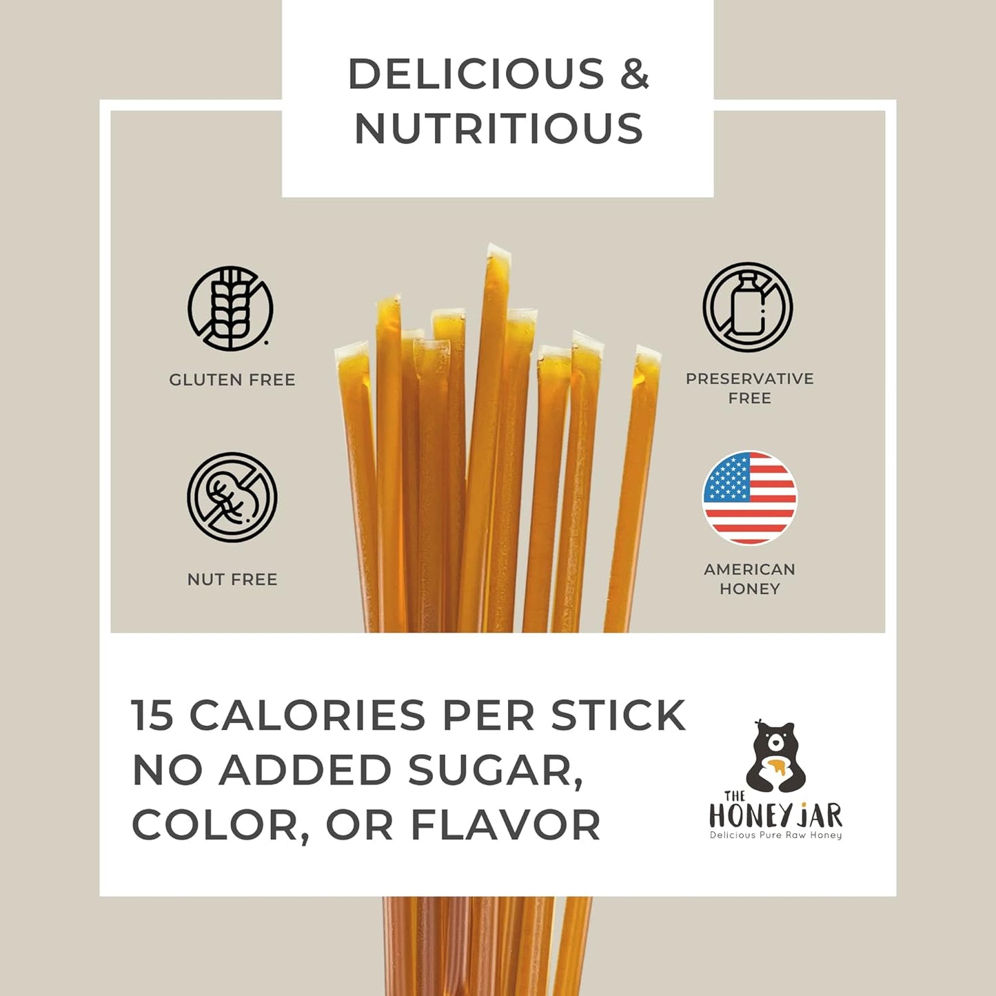 The Honey Jar Plain Honey Sticks - Pure Honey Straws For Tea, Coffee, or a Healthy Treat - One Teaspoon of Flavored Honey Per Stick - Made In The USA with Real Honey - (50 Count)