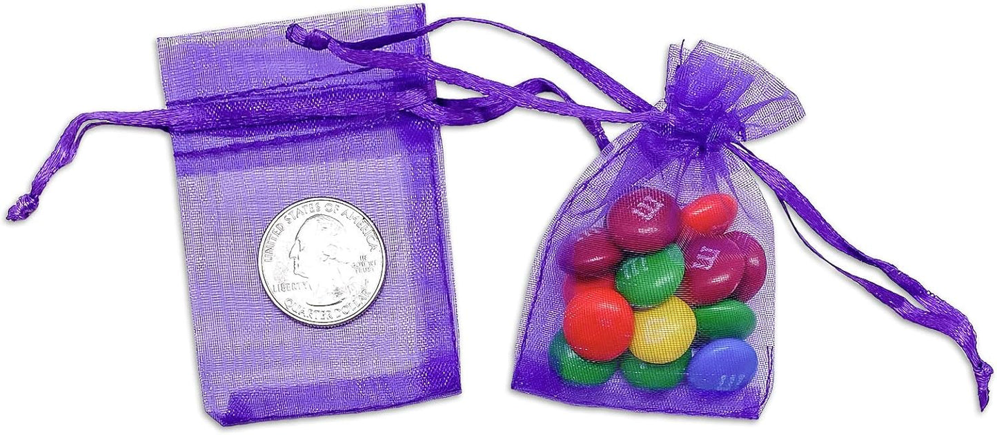 TheDisplayGuys 100-Pack XS 2 x 2 3/4" Purple Sheer Organza Gift Bags with Drawstring, Jewelry Candy Treat Wedding Party Favors Mesh Pouch