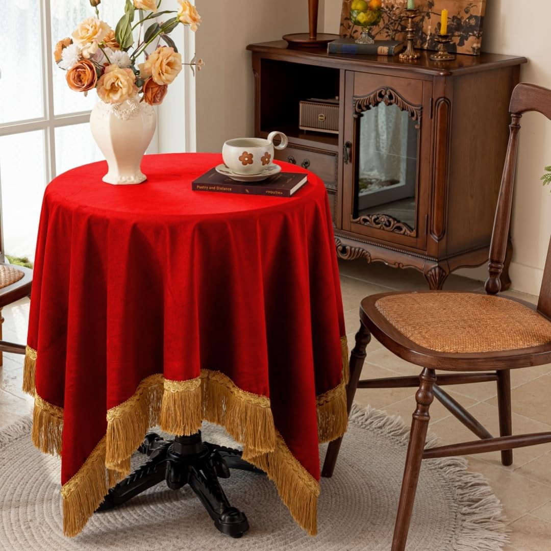 F-CHU Red Tablecloth Thickset Velvet Tablecloth with Beautiful Gold Tassels Vintage Table Cloth for Home Decor Wedding, Party, Banquet and Events 60x60-Inch