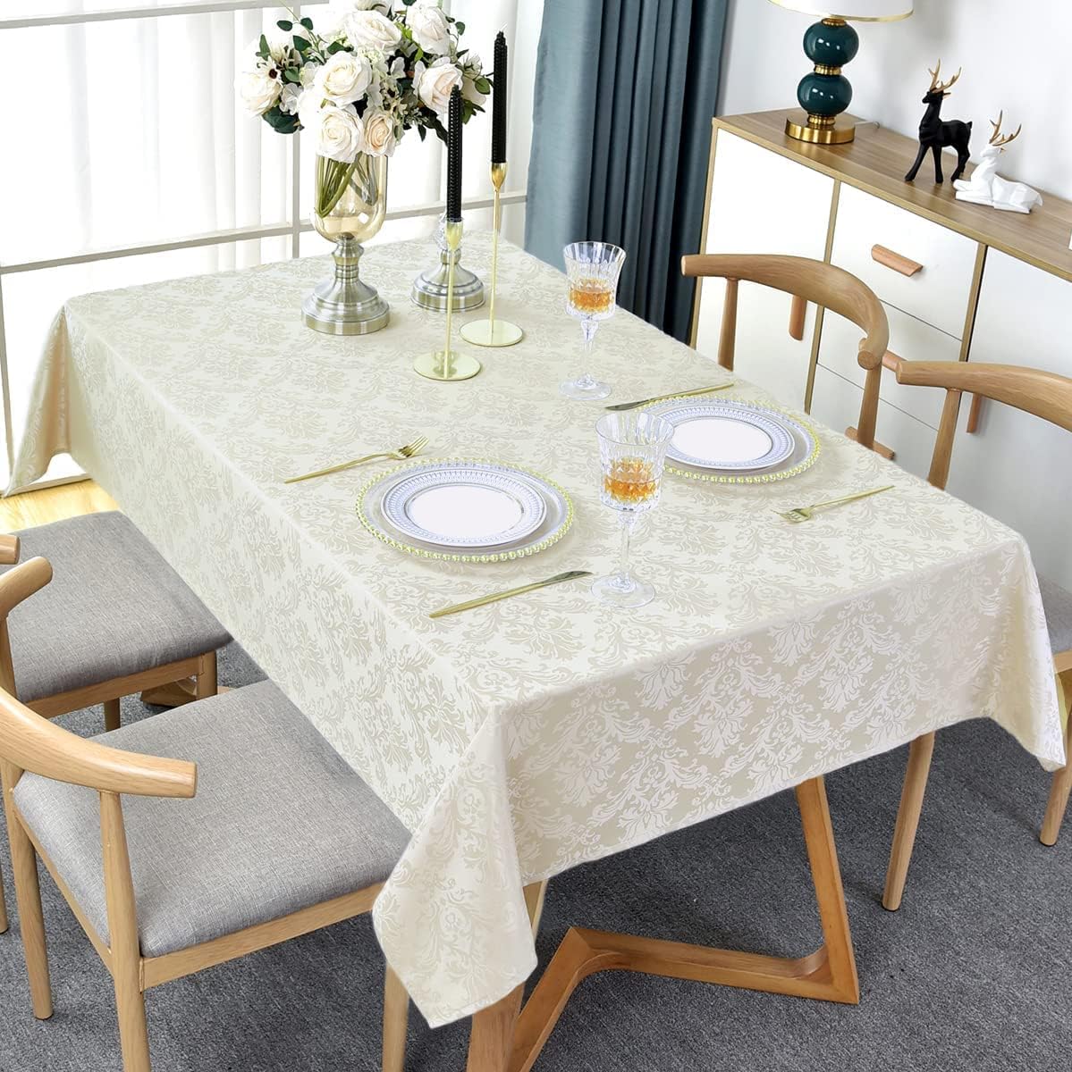 SASTYBALE Rectangle Tablecloth - 60 x 120 Inch Beige Cream Damask Table Cloth Jacquard Design Spill Proof Wrinkle Resistant Waterproof Soft Polyester Oblong Table Cover for Kitchen Parties(Ivory)