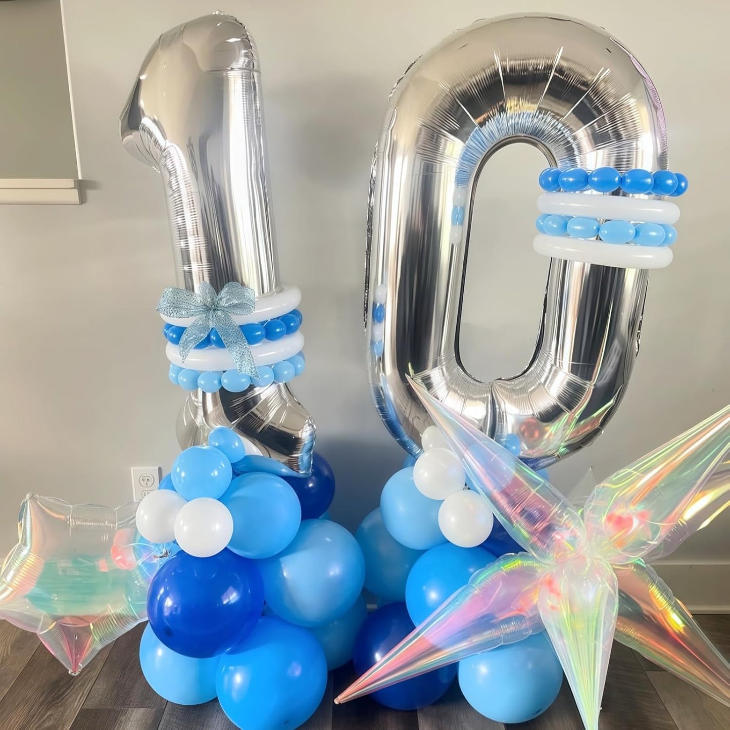Silver 10 Balloons Number, 40 Inch Helium Foil Number 1 & 0 Balloons for 10 Year Old Birthday Decorations, Large Self Inflating Mylar Balloon for Boys 10th Birthday Party Anniversary Decor Supplies