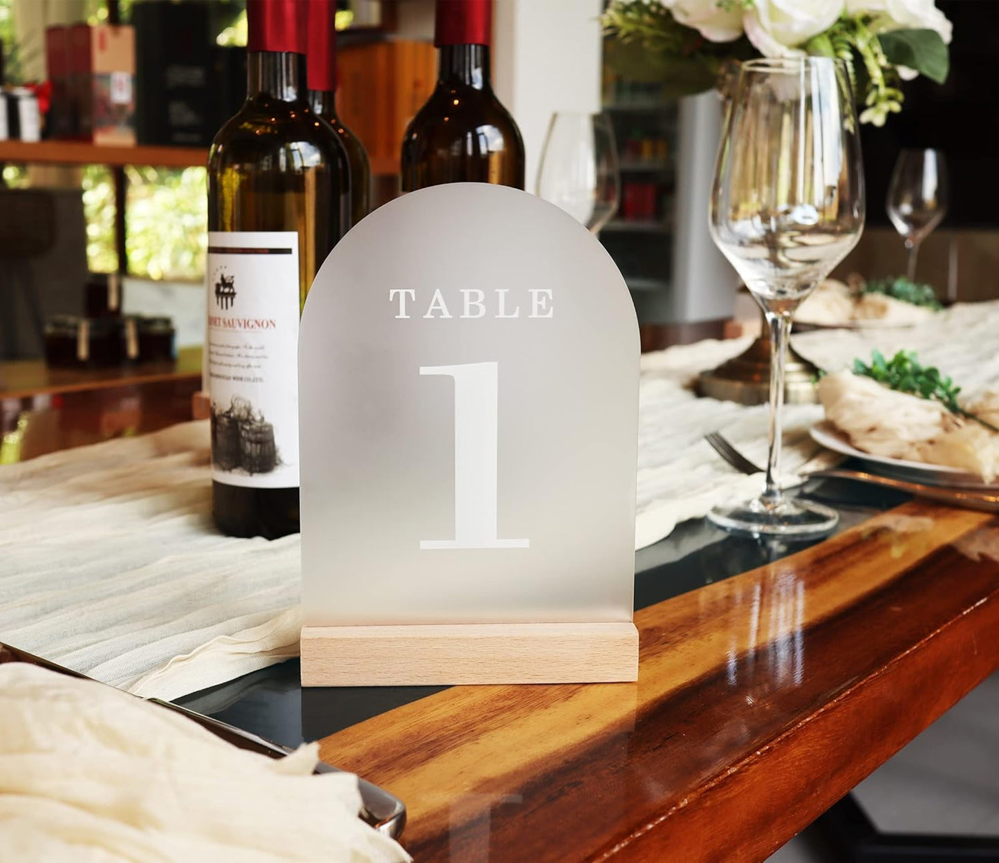 Wedding Table Numbers 1-20, Acrylic Arch Signs with Natural Wood Stands Holders, Rustic Table Decor for Reception & Parties (Frosted White)