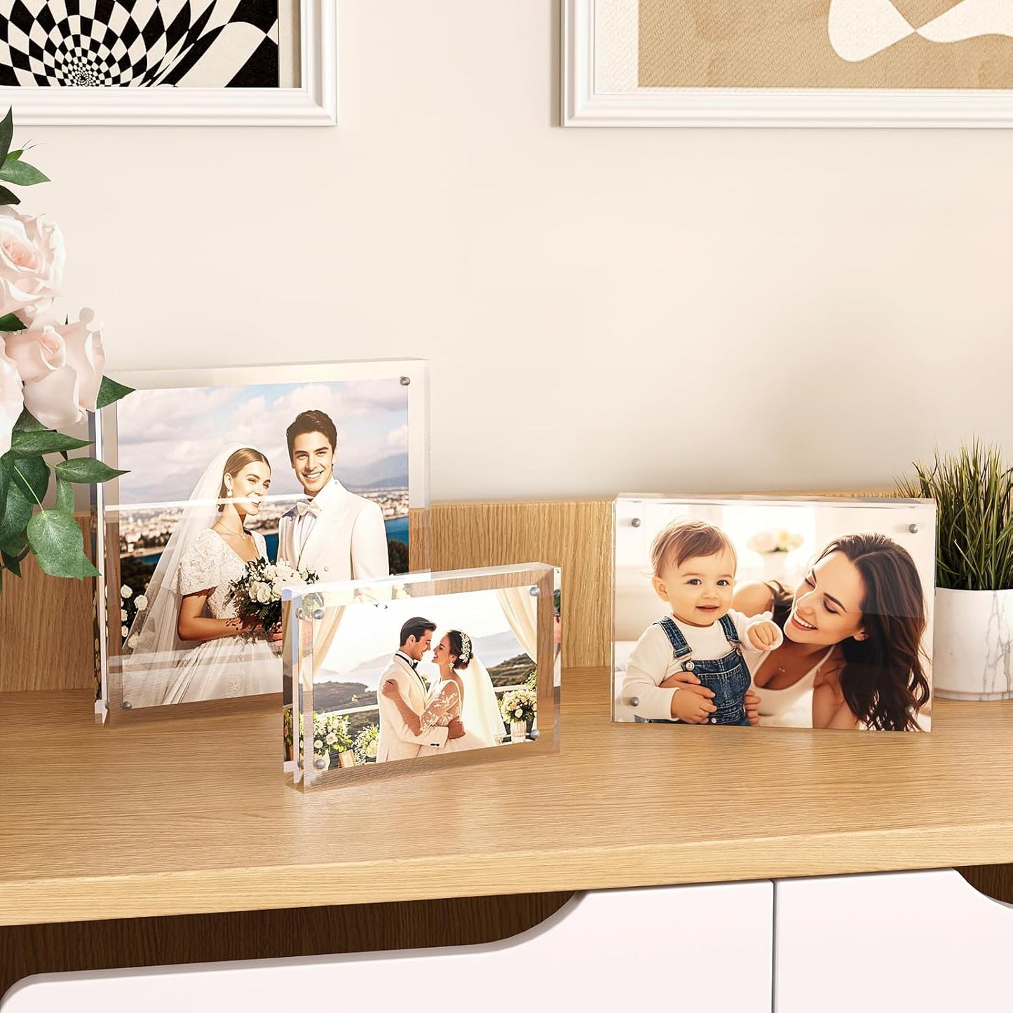 Egofine 4x4 Acrylic Frames 4 Pack, 20mm Thicker Frameless Clear Picture Frames, Double Sided Magnetic Picture Frames, Free Standing Desktop Display