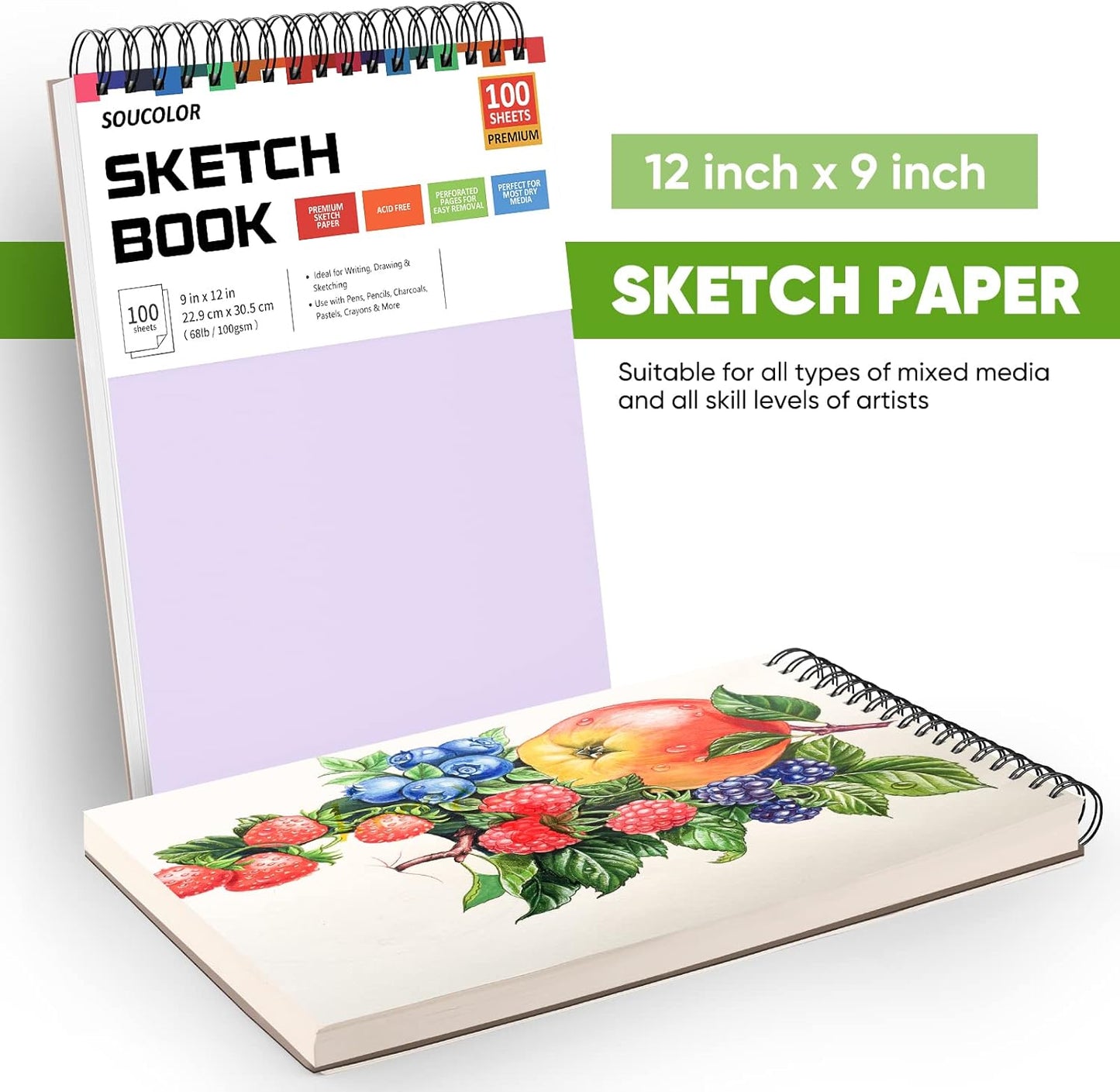 Soucolor 9" x 12" Sketch Book, Christmas Gifts for Women, Birthday Gifts for Women, Thank You Gifts, Stocking Stuffers, 2 Packs 100-Sheets Each (68lb/100gsm) Drawing Pad for Teens Girls