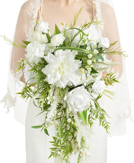 Ling's moment White Green Bridal Bouquet for Bride, White Green Wedding Bouquets for Bride, 13 Inch Bride Bouquets for Wedding Artificial Flowers Bouquets