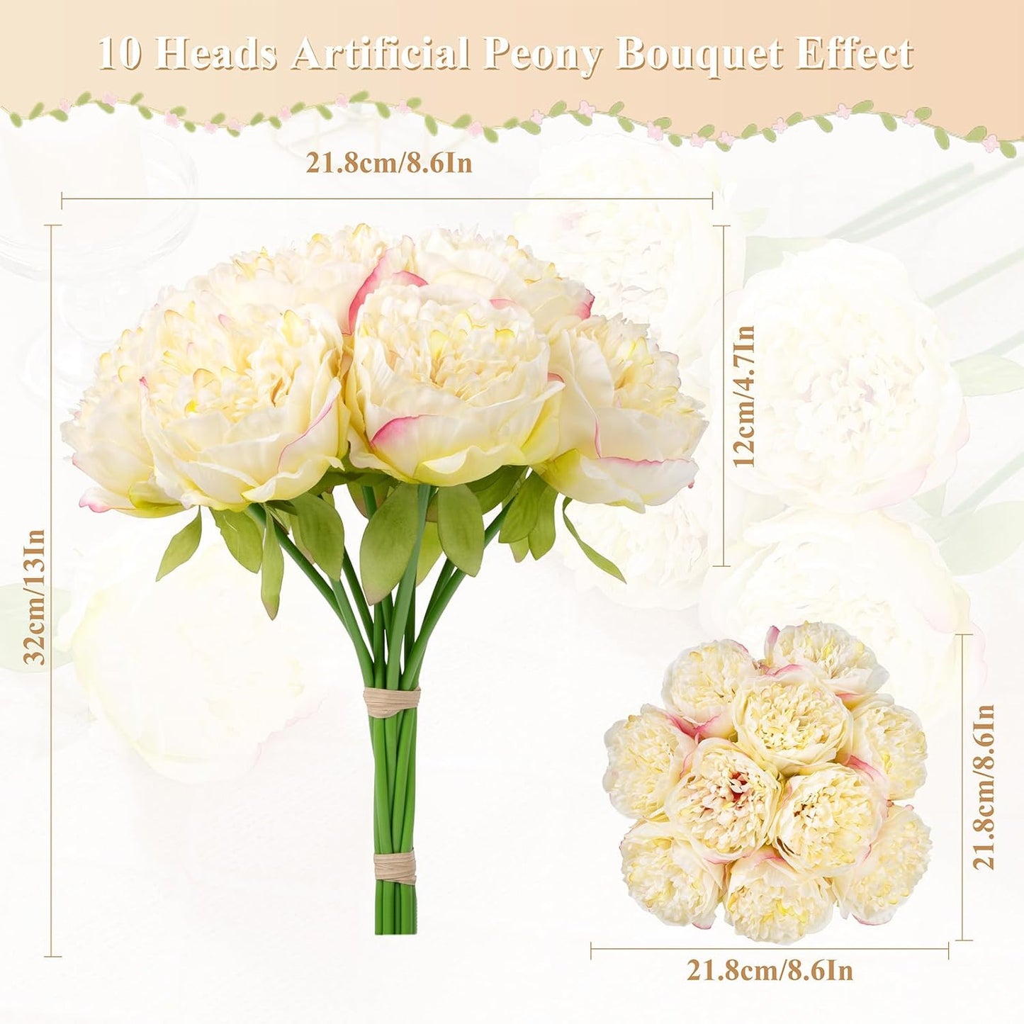 U'Artlines 2 Bouquet 10 Heads Artificial Peony Silk Flower Leaf Home Office Wedding Party Festival Bar Decor (Champagne)