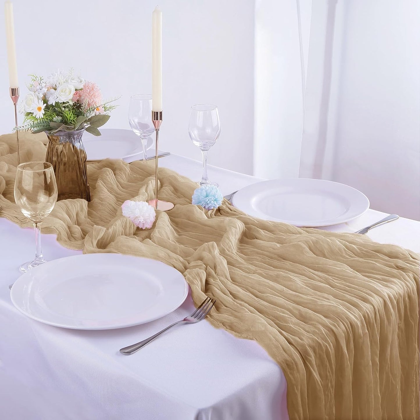 4 Pack Beige Cheesecloth Table Runner 35x120 Inch Boho Gauze Fabric Cheese Cloth Table Runner 10Ft Rustic Romantic Sheer Table Runners for Wedding Party Bridal Baby Shower Long Table Decoration
