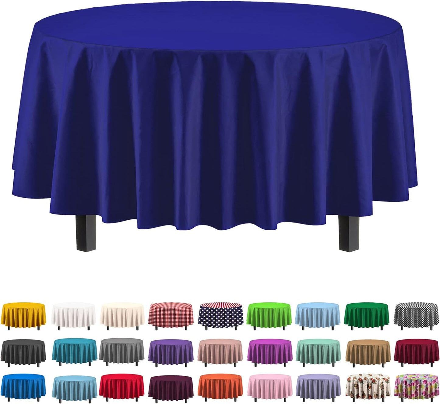 Party Solids Pack Of 12 Premium Plastic Tablecloth 84 Inch Round Table Cover - Navy Blue