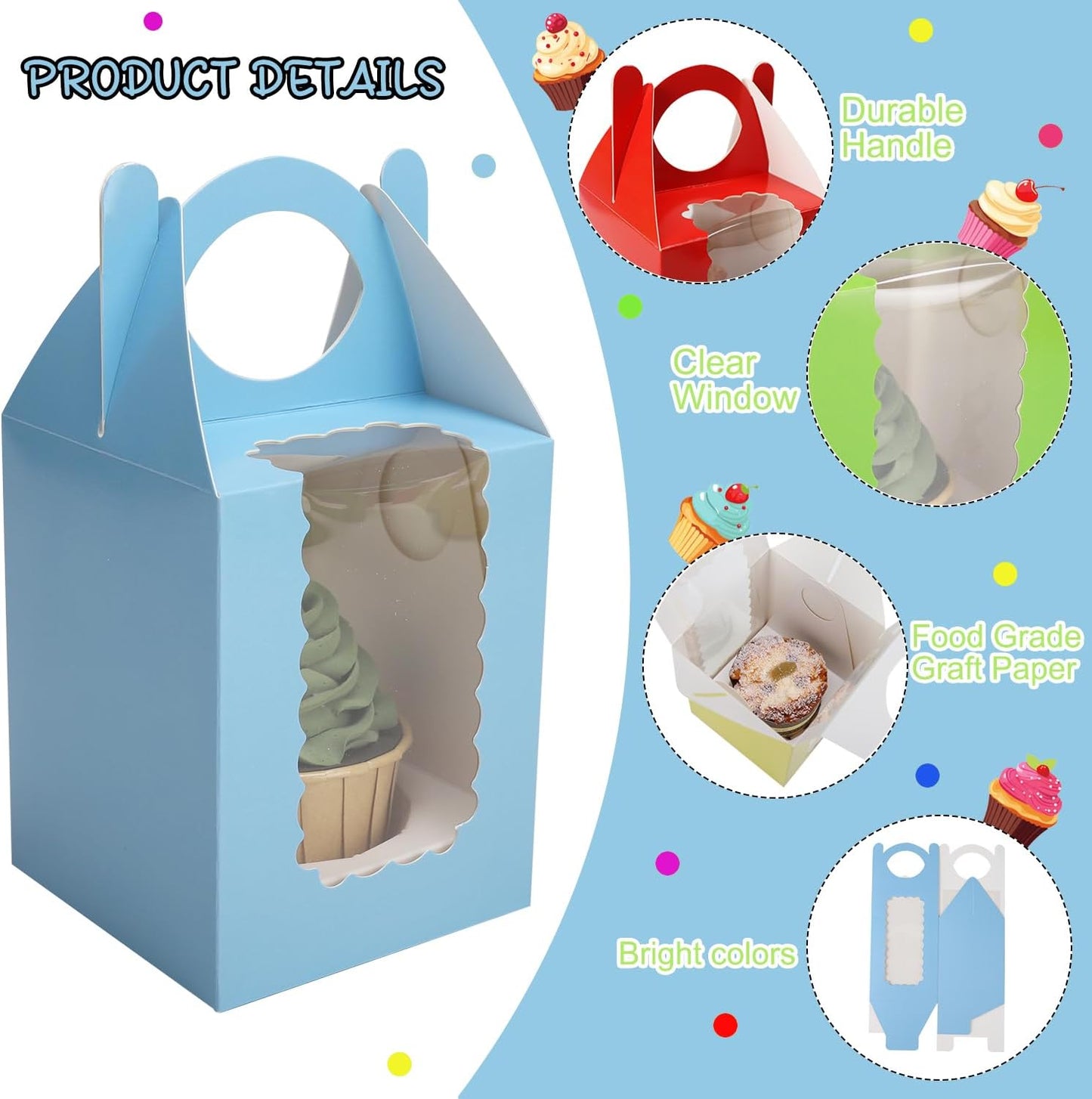 Individual Cupcake Boxes 4x4x5 Inches Disposable Pastry Tray Boxes, With Window Insert and Handle, Perfect for Parties, Birthdays, Bakery Wrapping and Events Containers (Yellow-50Pack)