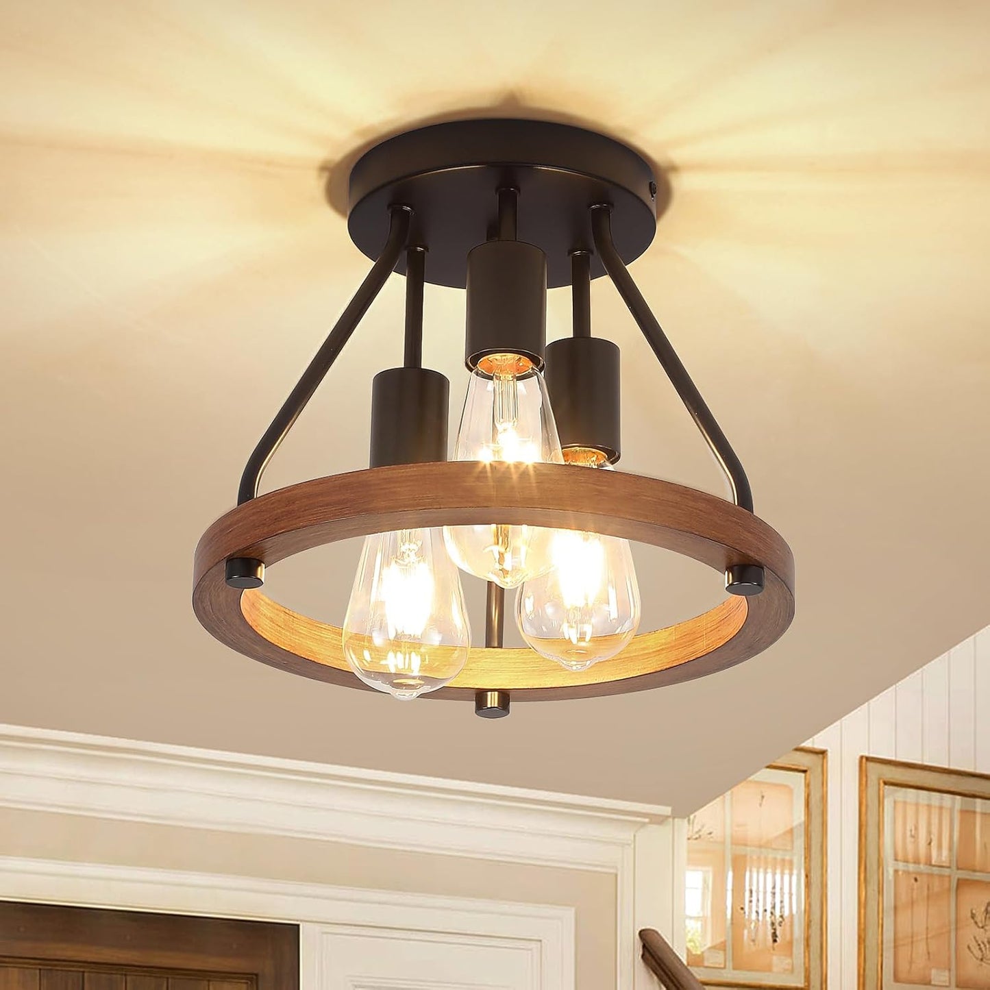 Modern Farmhouse Wood Semi Flush Mount Ceiling Light, Hallway Entryway Light Fixtures, 3-Light Rustic Industrial Ceiling Lamp for Kitchen Bedroom Dining Room Laundry Room Lighting, UL-Listed