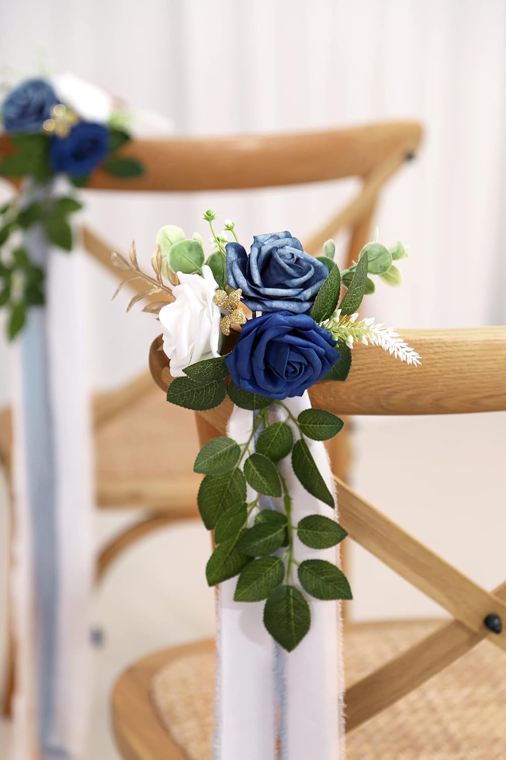 Wedding Aisle Decorations for Wedding Ceremony Set of 10 Pew Flowers for Church Chair Decorations Party Decor with Artificial Flowers Eucalyptus and Ribbons Blue