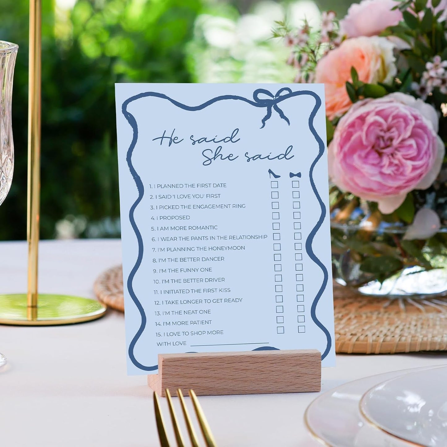 DEEKA 30 PCS Bridal Shower Games Card for 30 Guests Blue Wavy Border Ribbon Bow Funny Wedding Bachelorette Party Games for Reception (He Said She Said)