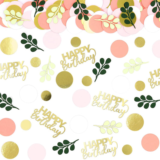 300PC Pink and Sage Green Happy Birthday Confetti for Table Boho Birthday Decorations for Women/Girl Round Dots Eucalyptus Table Scatters Party Supplies