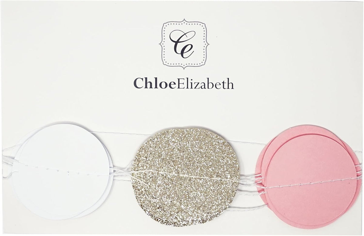 Chloe Elizabeth Circle Dots Paper Party Garland Streamer Backdrop (10 Feet Long) - Pink, White, Gold Glitter